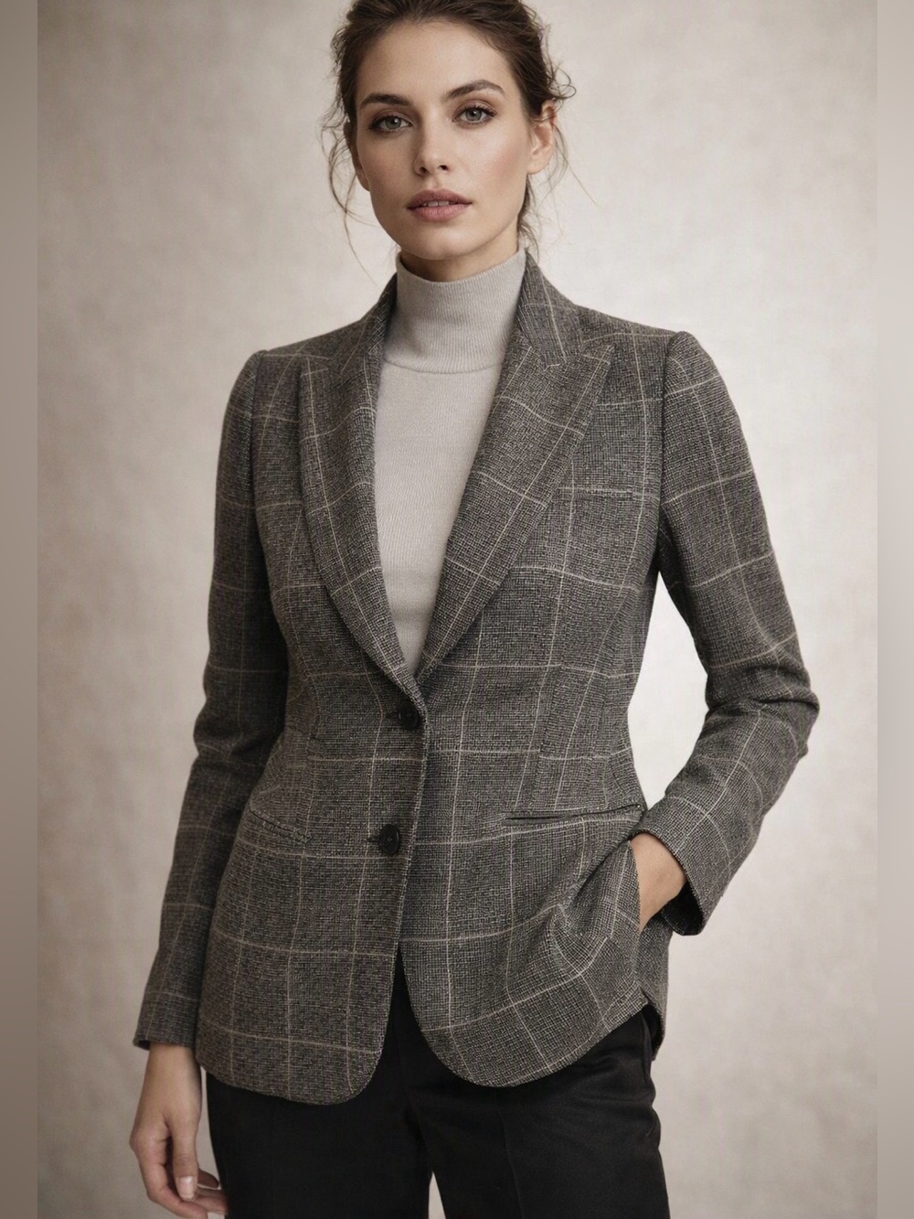 LUISA CERANO - Plaid / Window Pane / Check Blazer in taupe, grey, brown mix. 6
